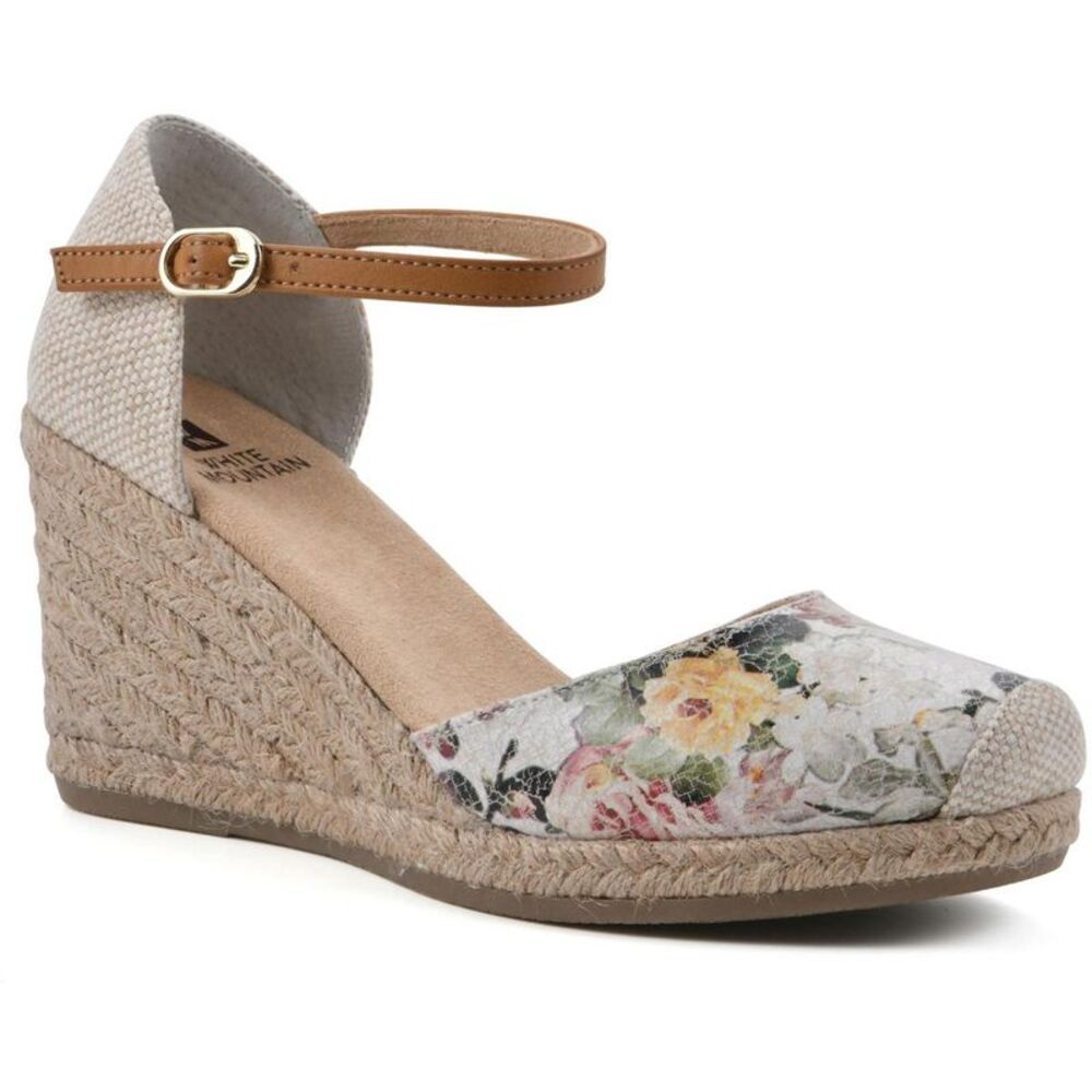 White Mountain Floral Wedge Sandals with Tan Ankle Strap